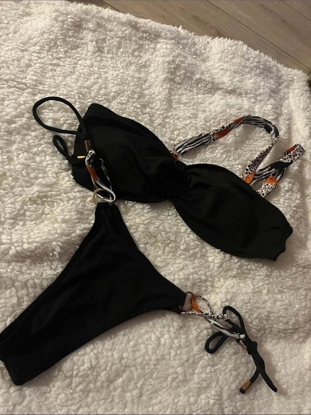 Black Bandeau Bikini Set with Patterned Straps